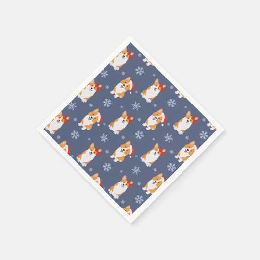 Corgis in Weihnachtsmannmützen und Schneeflocken-M Serviette (Ecke)