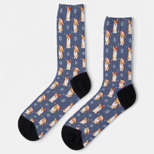 Corgis in Weihnachtsmannmützen und Schneeflocken-M Socken (Linkes Detail)