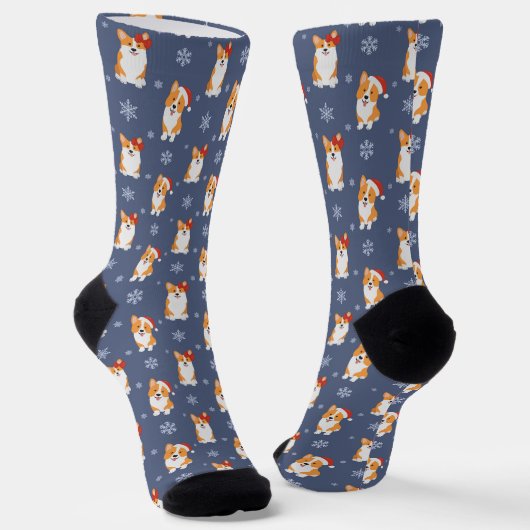 Corgis in Weihnachtsmannmützen und Schneeflocken-M Socken (Gewinkelt)