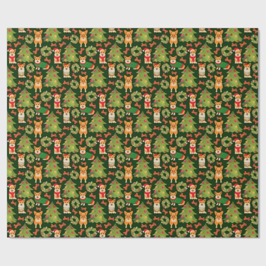Corgis schmücken das Weihnachtsbaum- Muster Grün Geschenkpapier (Flach)
