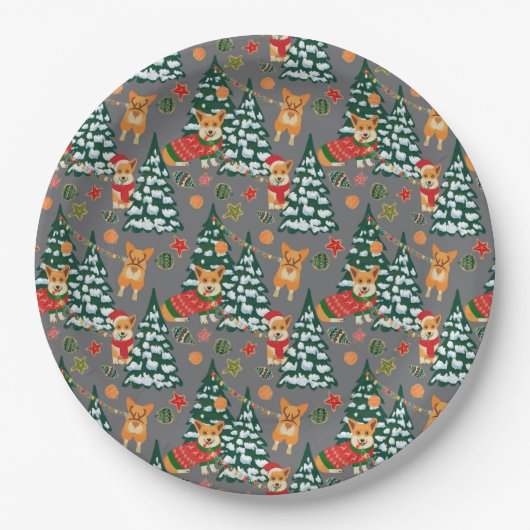 Corgis schmücken den Weihnachtsbaum - Graues Muste Pappteller (Vorderseite)