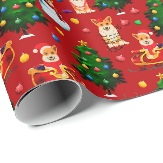 Corgis schmücken die Weihnachtsbaumstruktur - rot Geschenkpapier (Rolleneckpunkt)