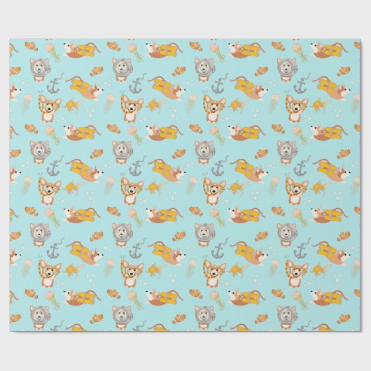 Corgis tauchen im Ozeanmuster Geschenkpapier (Flach)