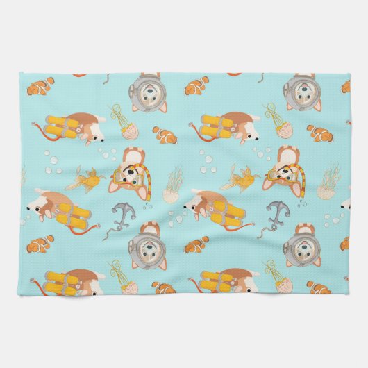 Corgis tauchen im Ozeanmuster Geschirrtuch (Horizontal)