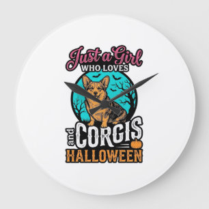 Corgis und Halloween-Mädchen Vintage-Stickerei-Shi Große Wanduhr