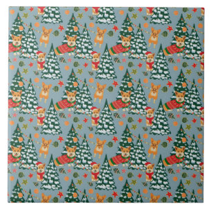 Corgis zieren den Weihnachtsbaum im Wald Fliese