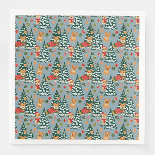 Corgis zieren den Weihnachtsbaum im Wald Serviette (Vorderseite)