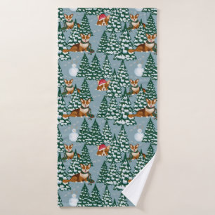 Corgis zieren den Weihnachtsbaum in Forest Blue Badhandtuch Set