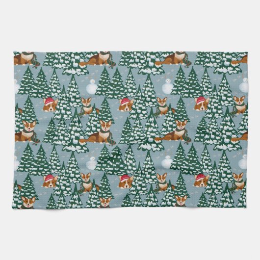 Corgis zieren den Weihnachtsbaum in Forest Blue Geschirrtuch (Horizontal)