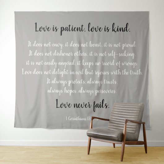 Corinthians Verse, Liebe ist Patient (B&W auf grau Wandteppich (Beispiel (Horizontal))