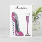 Corkschraube Pink Stiletto und Champagne Einladung (Stehend Vorderseite)