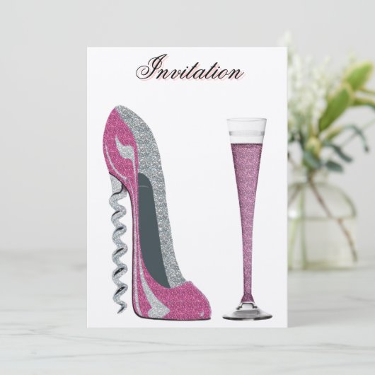 Corkschraube Pink Stiletto und Champagne Einladung (Stehend Vorderseite)