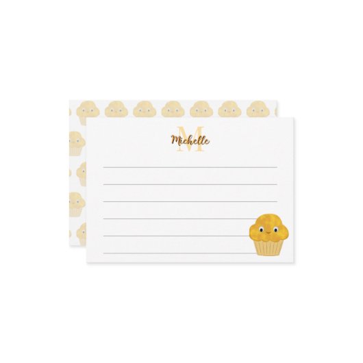 Corn Muffin Cute Drawing Lined Monogram Mitteilungskarte (Vorderseite/Rückseite Beispiel)