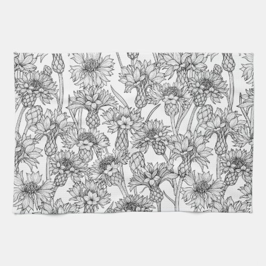 Cornblumen, Blume in Schwarz und Weiß Geschirrtuch (Horizontal)