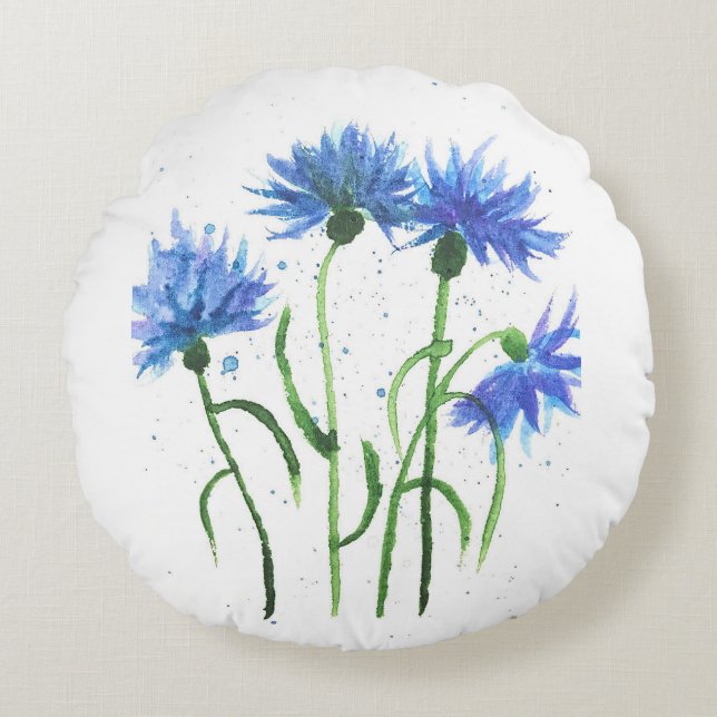 Cornblumen Blumen Aquarell Sommer Trendy Rundes Kissen (Vorderseite)