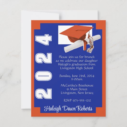 Corner Block Orange & Royal Blue Abschluss Invita Einladung (Vorderseite)