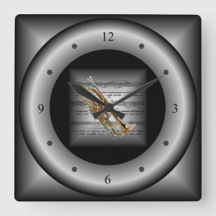 Cornet ~ 3D Sheet Music ~ Pillow Silver/Black BacK Quadratische Wanduhr