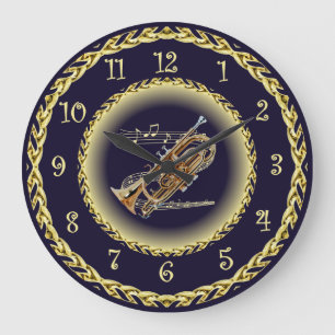 Cornet ~ Musikalische Scroll ~ Gold/Navy Blue ~ Große Wanduhr