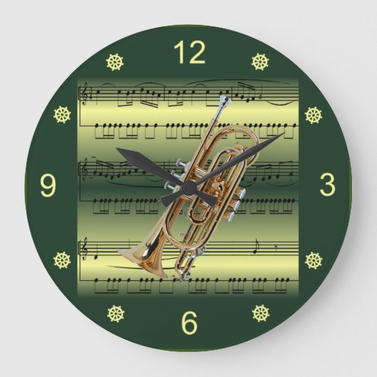 Cornet~Rolled Sheet Music~Gold/Green Background~ Große Wanduhr (Vorderseite)