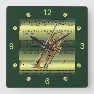 Cornet~Rolled Sheet Music~Gold/Green Background~ Quadratische Wanduhr