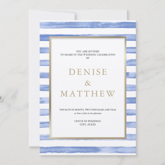Cornfllower Blue Watercolor Streifen & Goldschrift Einladung (Vorderseite)