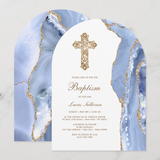 Cornflower Blue Agate Taufe Einladung (Vorne/Hinten)