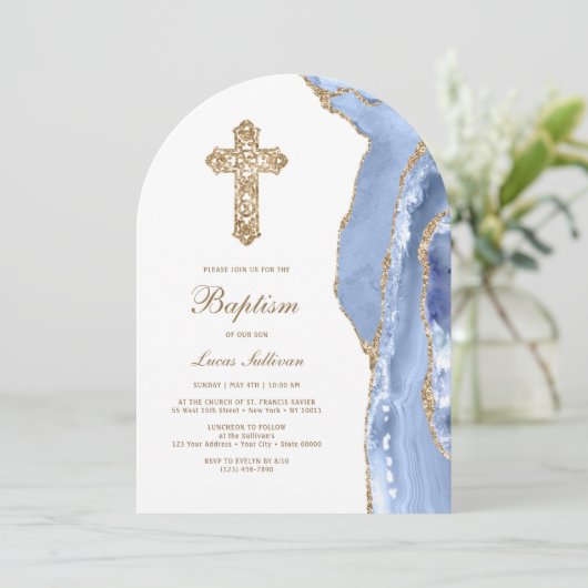 Cornflower Blue Agate Taufe Einladung (Stehend Vorderseite)