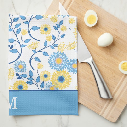 Cornflower Blue and Yellow Floral Muster Monogram Geschirrtuch (Viertel Falte)
