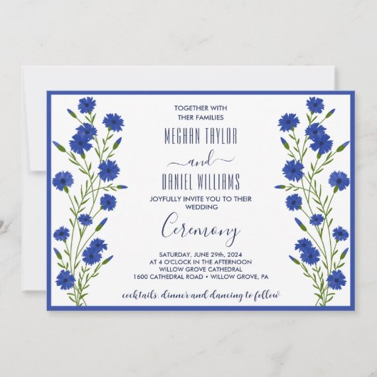 Cornflower Blue Botanical Wedding Einladung (Vorderseite)