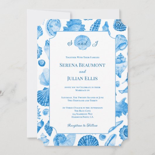 Cornflower Blue Coastal Seashell Wedding Einladung (Vorderseite)