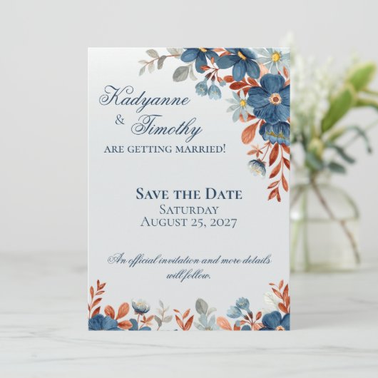 Cornflower Blue & Copper Blütenhochzeit Save The Date (Stehend Vorderseite)