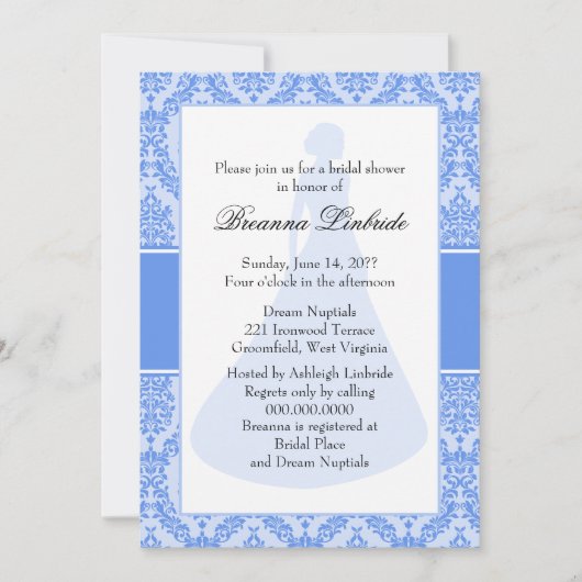 Cornflower Blue Damask Brautparty Einladung (Vorderseite)