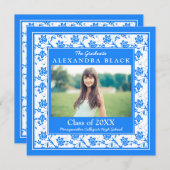 Cornflower Blue Damask Foto Abschluss Einladung (Vorne/Hinten)