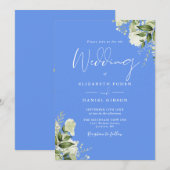 Cornflower Blue Greenerity Blätter Monogram Weddin Einladung (Vorne/Hinten)