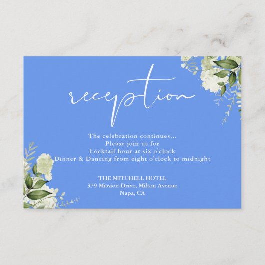 Cornflower Blue Greenerity Script Hochzeitsempfehl Begleitkarte (Vorderseite)