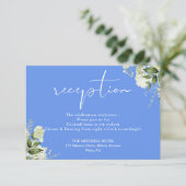 Cornflower Blue Greenerity Script Hochzeitsempfehl Begleitkarte (Stehend Vorderseite)