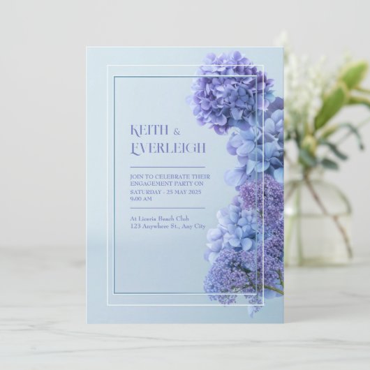 Cornflower Blue Hydrangea Minimalist Frame Wedding Einladung (Stehend Vorderseite)