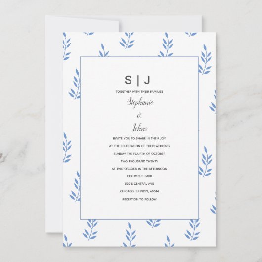 Cornflower Blue Leaf Monogram Simple Wedding Einladung (Vorderseite)