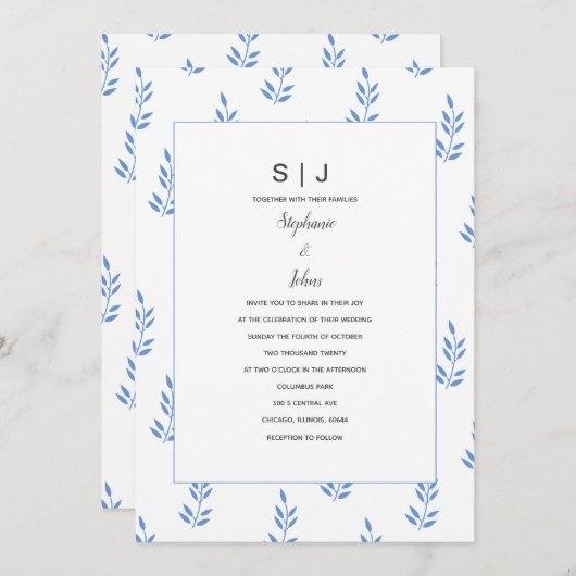 Cornflower Blue Leaf Monogram Simple Wedding Einladung (Vorne/Hinten)