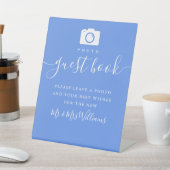 Cornflower Blue Modern Script Foto Gästebuch Sockelschild (In SItu)