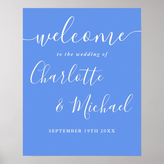 Cornflower Blue Modern Wedding Begrüßungszeichen Poster (Vorne)