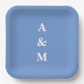 Cornflower Blue Monogram Initials Elegante Hochzei Pappteller (Vorderseite)