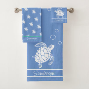 Cornflower Blue Monogram White Sea Turtle Nautic Badhandtuch Set