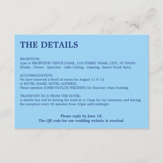 Cornflower Blue QR Code Hochzeitdetails Begleitkarte (Vorderseite)