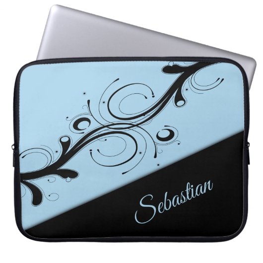 Cornflower Blue und Black Scroll Accent Personal Laptopschutzhülle (Vorderseite)