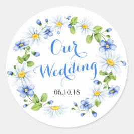 Cornflower Blue White Daisy Blume Floral Wedding Runder Aufkleber