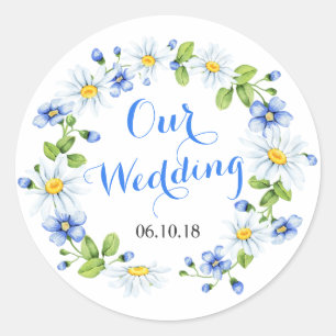 Cornflower Blue White Daisy Blume Floral Wedding Runder Aufkleber