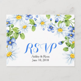 Cornflower Blue White Daisy Floral Wedding RSVP Einladungspostkarte