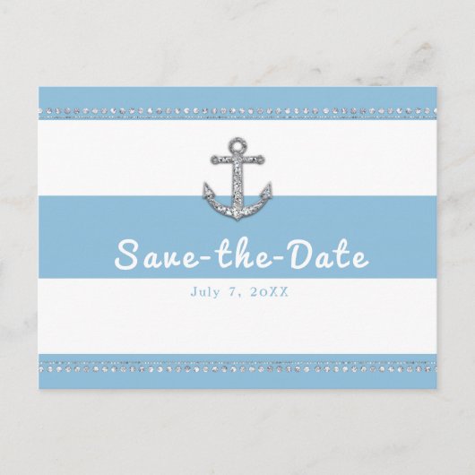 Cornflower Blue & White Stripes Diamant Anker Ankündigungspostkarte (Vorderseite)