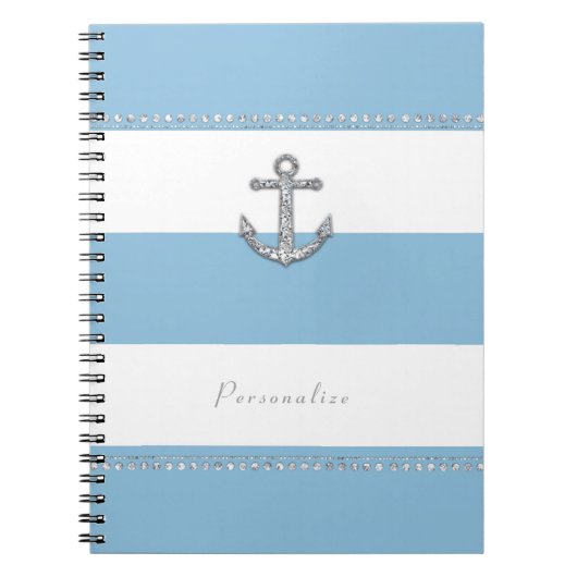 Cornflower Blue & White Stripes Diamant Anker Notizblock (Vorderseite)